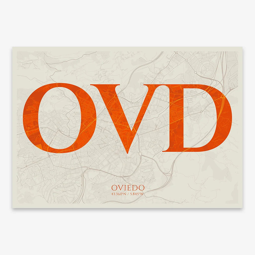 Decorative map of Oviedo composed with letters in serif font printed on orange and an off-white background