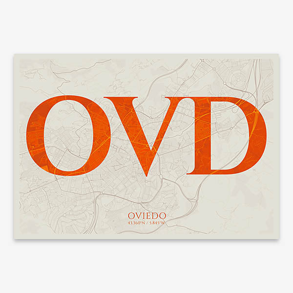 Decorative map of Oviedo composed with letters in serif font printed on orange and an off-white background