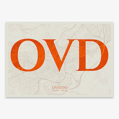 Decorative map of Oviedo composed with letters in serif font printed on orange and an off-white background