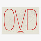 Poster of Oviedo composed with letters in extra light font printed on red and an off-white background