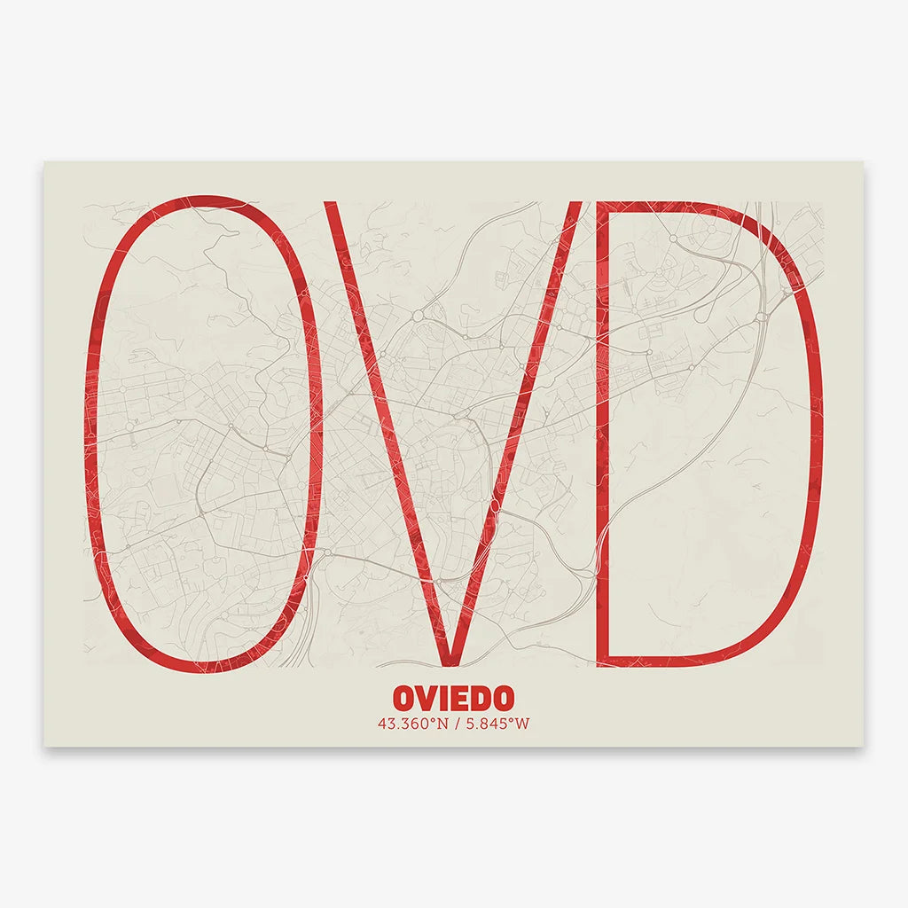 Poster of Oviedo composed with letters in extra light font printed on red and an off-white background