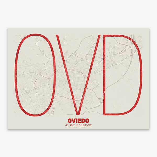 Poster of Oviedo composed with letters in extra light font printed on red and an off-white background
