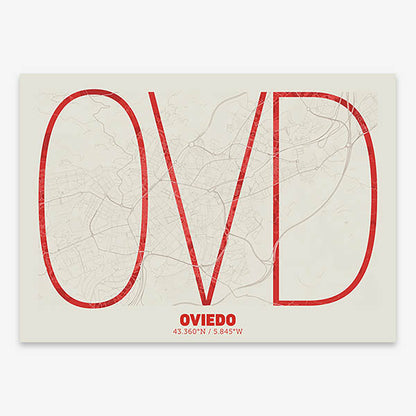 Poster of Oviedo composed with letters in extra light font printed on red and an off-white background