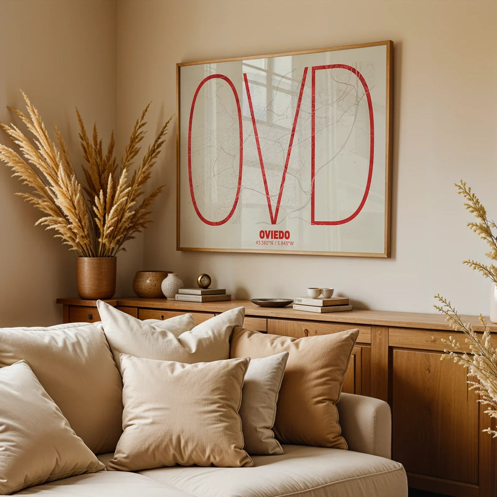 Modern interior design with a Oviedo in Ultralight design, a minimalist aesthetic combining urban cartography with modern, extra-thin elegant lettering designed in red and an off-white background, displayed on a living room wall