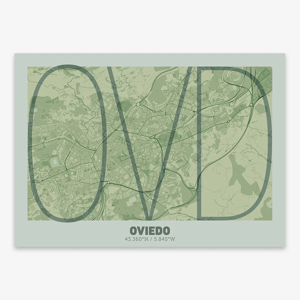 Poster of Oviedo composed with letters in extra light font printed on two green tones