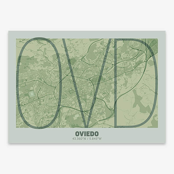 Poster of Oviedo composed with letters in extra light font printed on two green tones