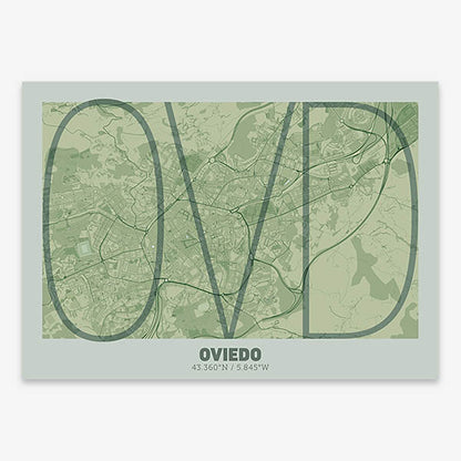 Poster of Oviedo composed with letters in extra light font printed on two green tones