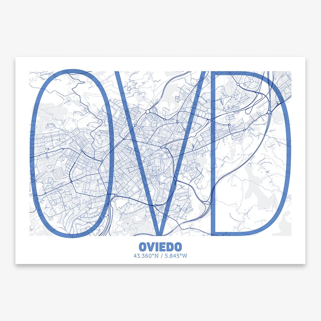 Poster of Oviedo composed with letters in extra light font printed on navy blue and white