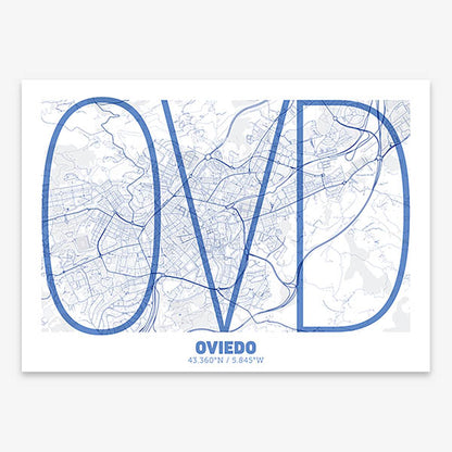 Poster of Oviedo composed with letters in extra light font printed on navy blue and white