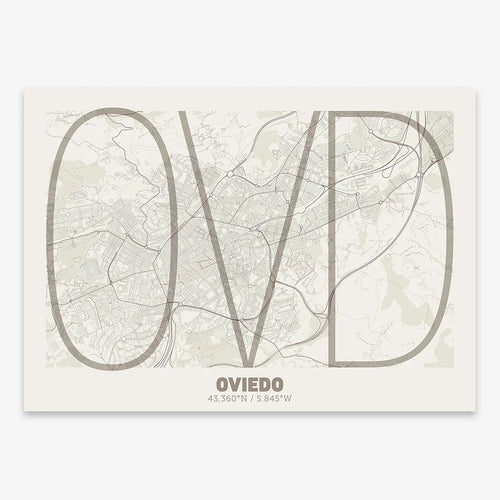 Poster of Oviedo composed with letters in extra light font printed on light brown and an off-white background