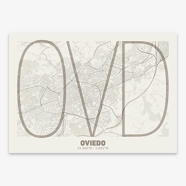 Poster of Oviedo composed with letters in extra light font printed on light brown and an off-white background