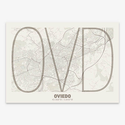 Poster of Oviedo composed with letters in extra light font printed on light brown and an off-white background