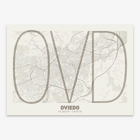 Poster of Oviedo composed with letters in extra light font printed on light brown and an off-white background