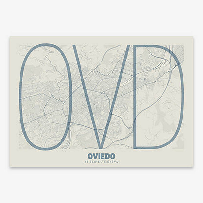 Poster of Oviedo composed with letters in extra light font printed on bluish gray and an off-white background