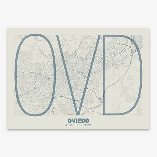 Poster of Oviedo composed with letters in extra light font printed on bluish gray and an off-white background