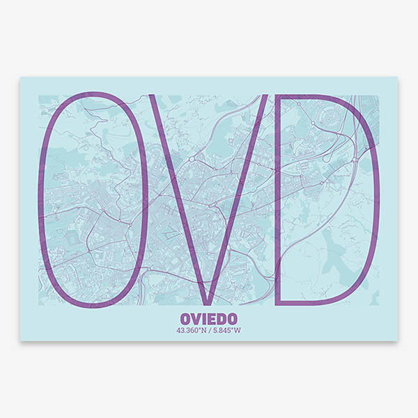 Poster of Oviedo composed with letters in extra light font printed on purple and light blue