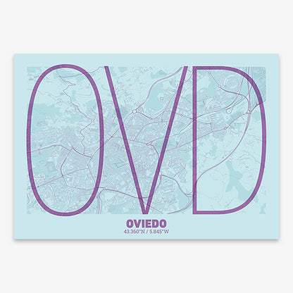 Poster of Oviedo composed with letters in extra light font printed on purple and light blue