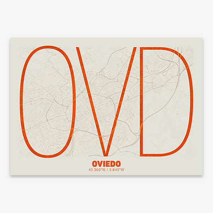 Poster of Oviedo composed with letters in extra light font printed on orange and an off-white background
