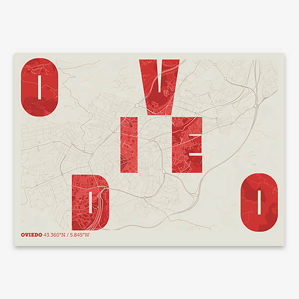 Decorative print of Oviedo with letters of its name placed randomly, designed in red and an off-white background