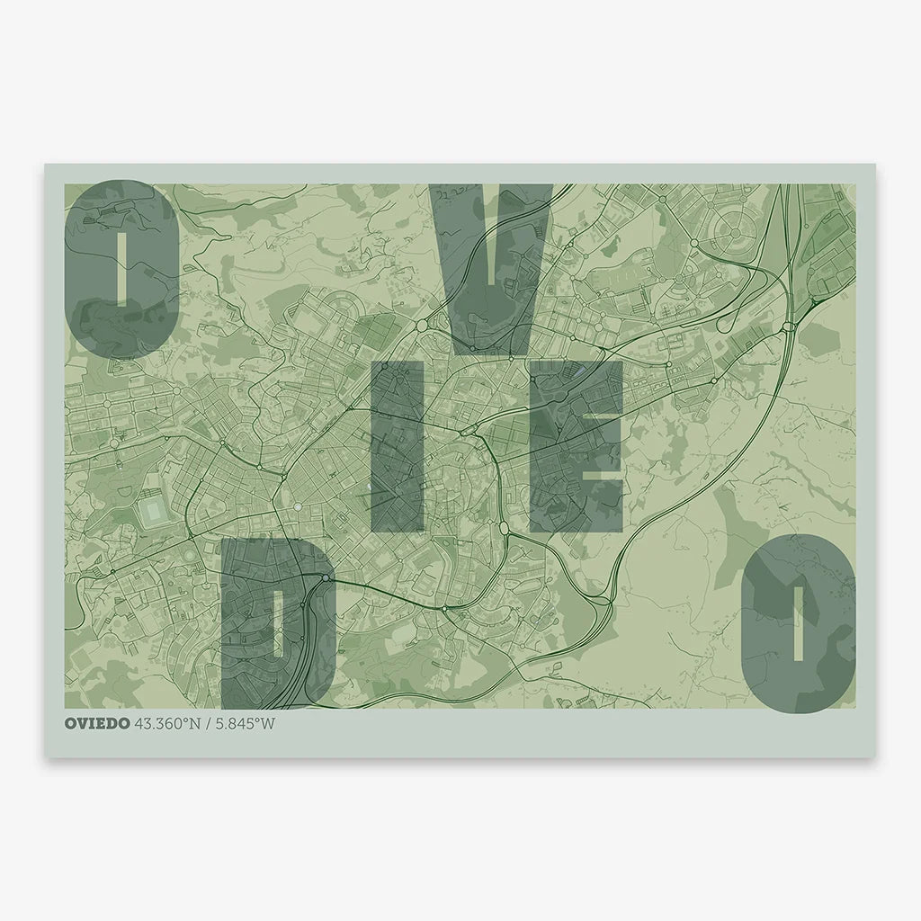 Decorative print of Oviedo with letters of its name placed randomly, designed in two green tones