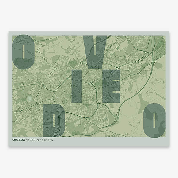 Decorative print of Oviedo with letters of its name placed randomly, designed in two green tones