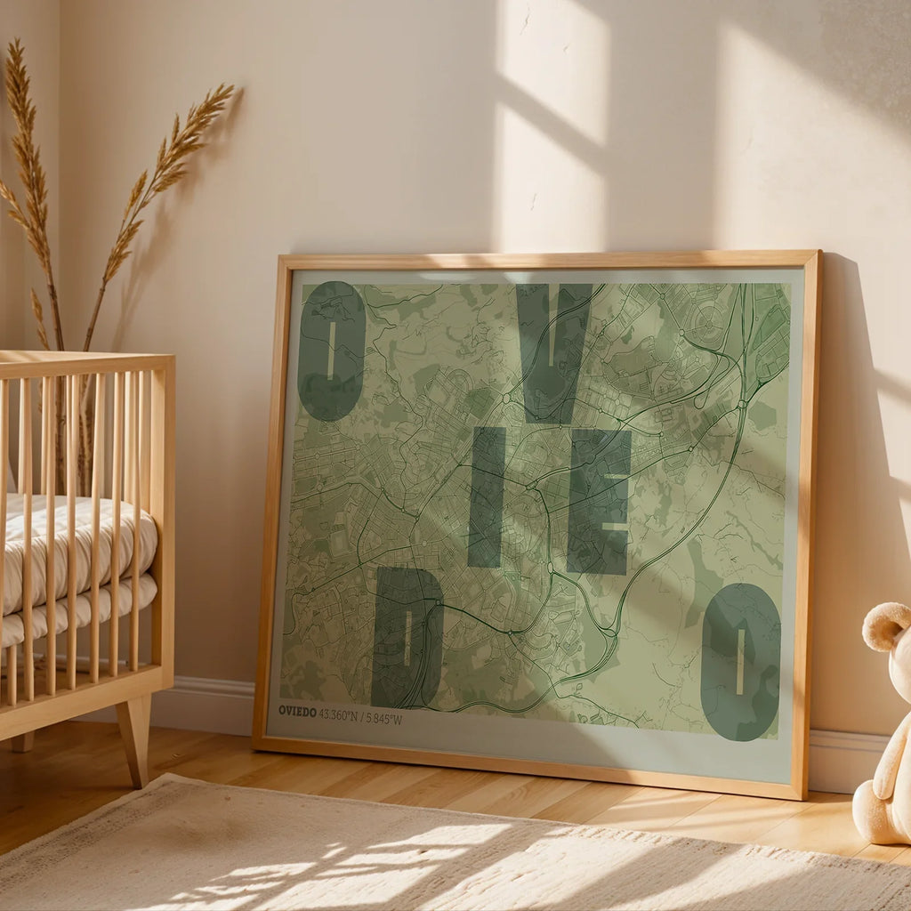 Modern interior design with a Oviedo in Unruled design, where the city name letters appear randomly across different lines for a truly original urban layout designed in two green tones, displayed on a living room wall