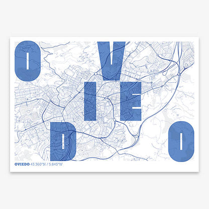 Decorative print of Oviedo with letters of its name placed randomly, designed in navy blue and white