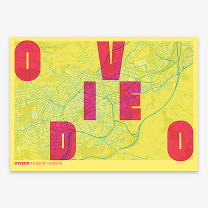 Decorative print of Oviedo with letters of its name placed randomly, designed in yellow and fuchsia