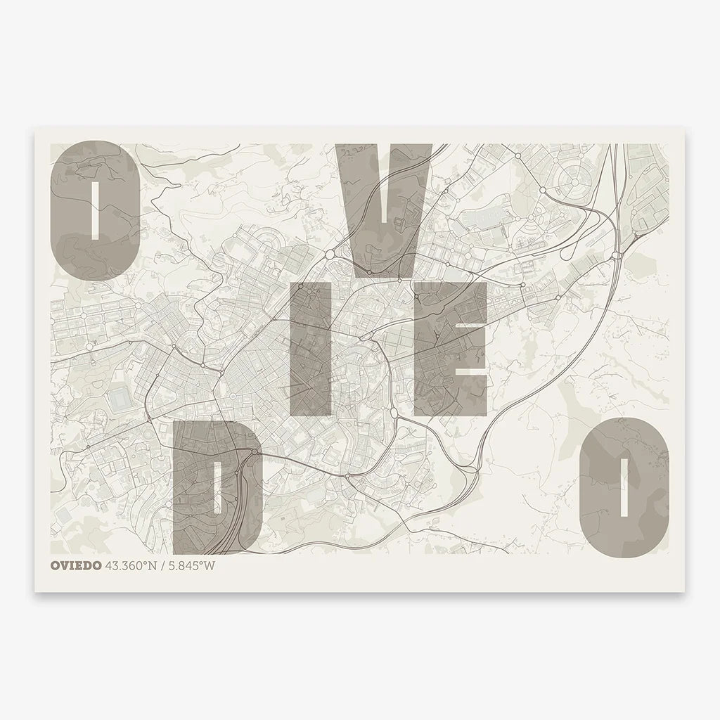 Decorative print of Oviedo with letters of its name placed randomly, designed in light brown and an off-white background