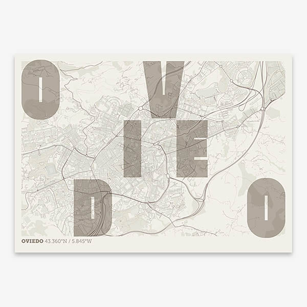 Decorative print of Oviedo with letters of its name placed randomly, designed in light brown and an off-white background