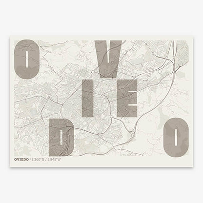 Decorative print of Oviedo with letters of its name placed randomly, designed in light brown and an off-white background