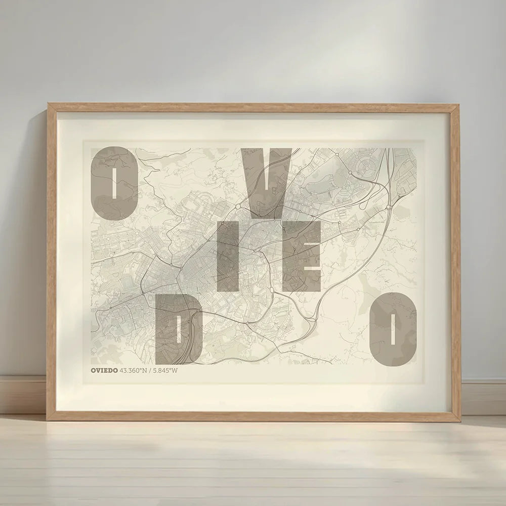 Framed Oviedo in Unruled design, where the city name letters appear randomly across different lines for a truly original urban layout designed in light brown and an off-white background with a white margin border in a warm lit minimalist setting