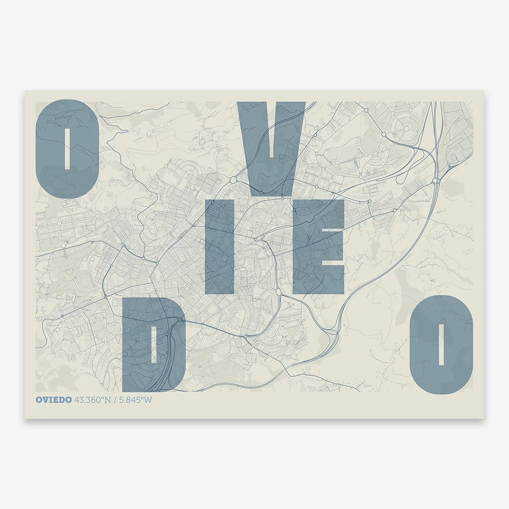 Decorative print of Oviedo with letters of its name placed randomly, designed in bluish gray and an off-white background