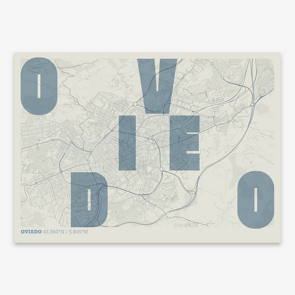 Decorative print of Oviedo with letters of its name placed randomly, designed in bluish gray and an off-white background