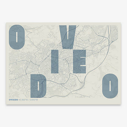 Decorative print of Oviedo with letters of its name placed randomly, designed in bluish gray and an off-white background