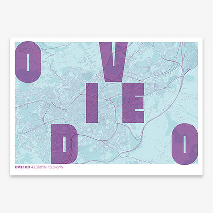 Decorative print of Oviedo with letters of its name placed randomly, designed in purple and light blue