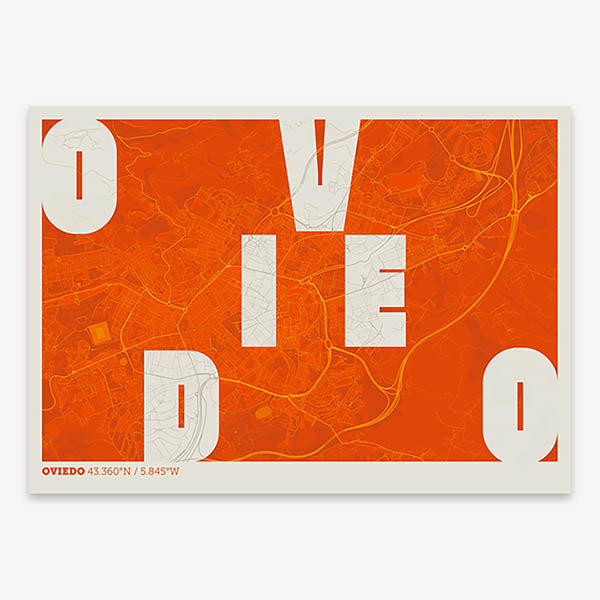 Decorative print of Oviedo with letters of its name placed randomly, designed in orange and an off-white background