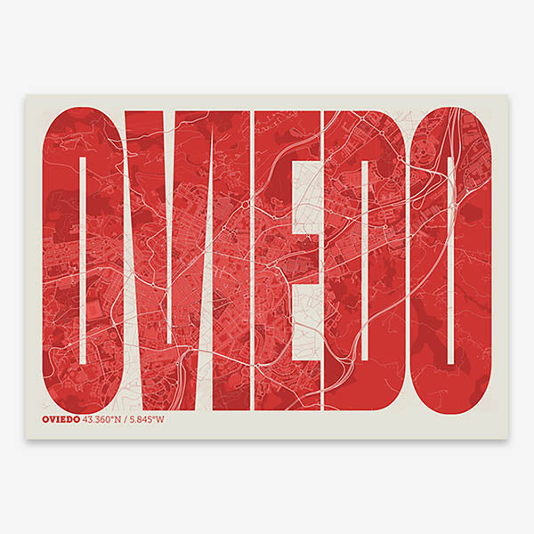 Decorative map of Oviedo and letters of its name in a giclée print designed in red and an off-white background