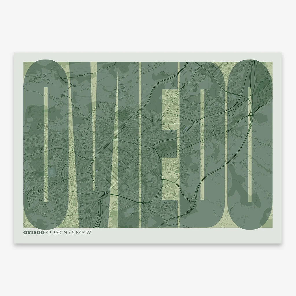 Decorative map of Oviedo and letters of its name in a giclée print designed in two green tones