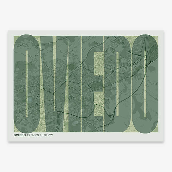 Decorative map of Oviedo and letters of its name in a giclée print designed in two green tones