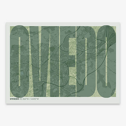 Decorative map of Oviedo and letters of its name in a giclée print designed in two green tones