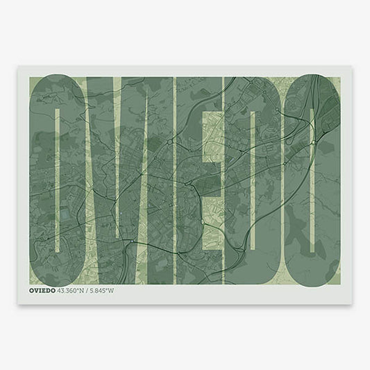 Decorative map of Oviedo and letters of its name in a giclée print designed in two green tones
