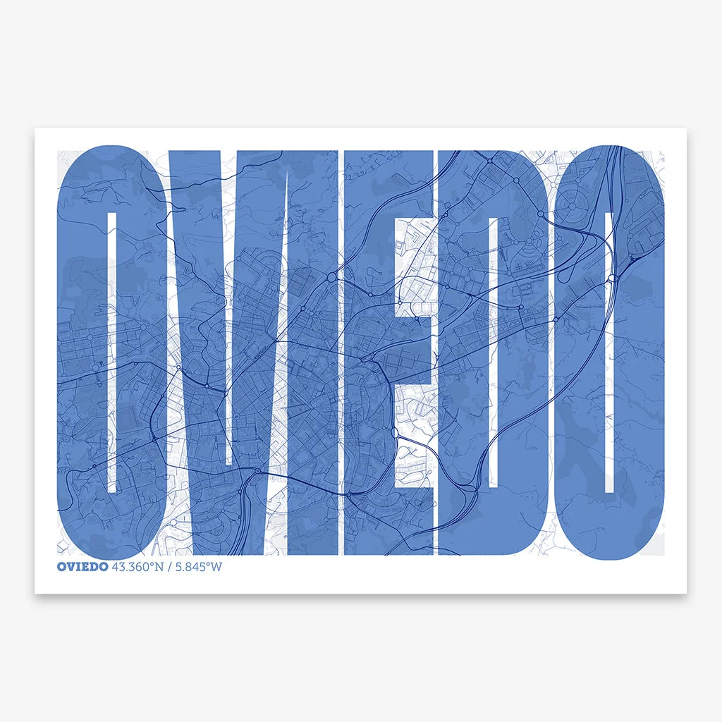 Decorative map of Oviedo and letters of its name in a giclée print designed in navy blue and white