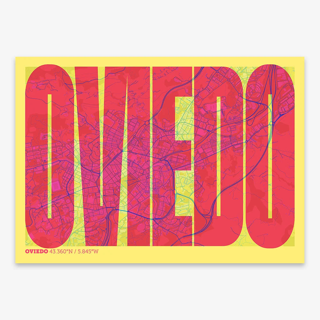 Decorative map of Oviedo and letters of its name in a giclée print designed in yellow and fuchsia