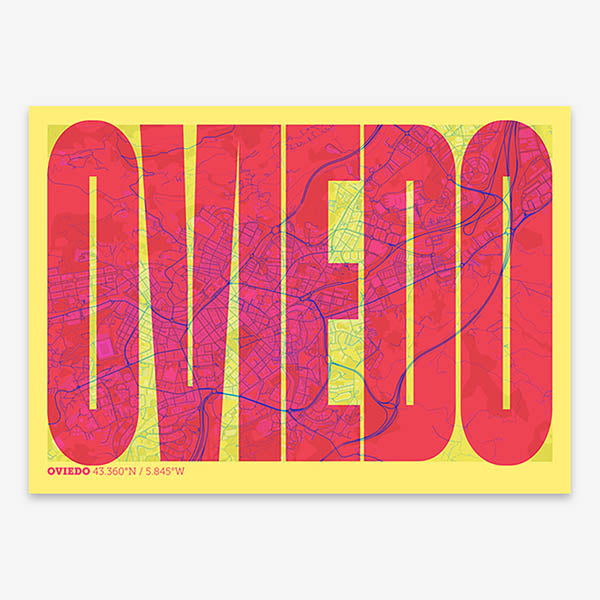 Decorative map of Oviedo and letters of its name in a giclée print designed in yellow and fuchsia
