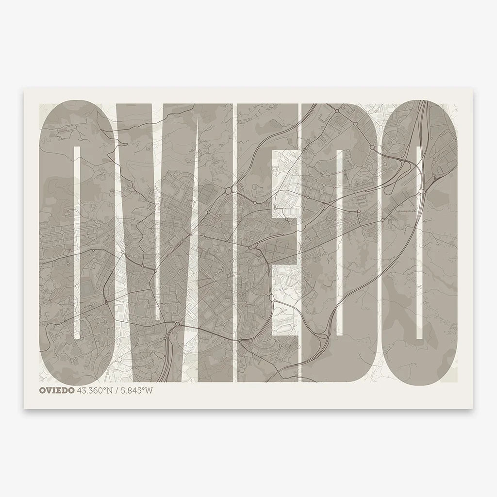 Decorative map of Oviedo and letters of its name in a giclée print designed in light brown and an off-white background
