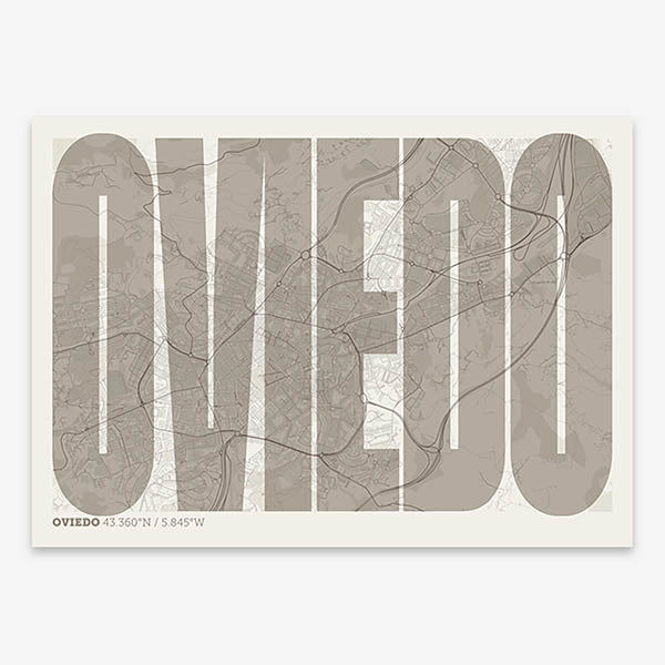 Decorative map of Oviedo and letters of its name in a giclée print designed in light brown and an off-white background