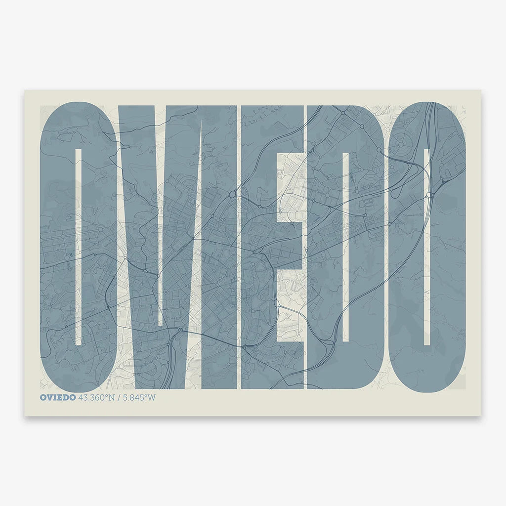 Decorative map of Oviedo and letters of its name in a giclée print designed in bluish gray and an off-white background
