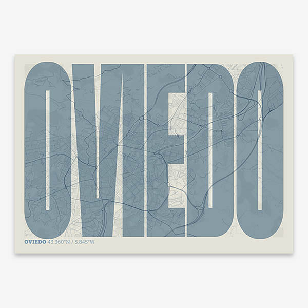 Decorative map of Oviedo and letters of its name in a giclée print designed in bluish gray and an off-white background
