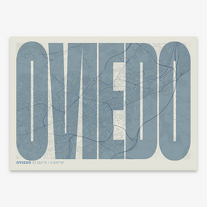 Decorative map of Oviedo and letters of its name in a giclée print designed in bluish gray and an off-white background